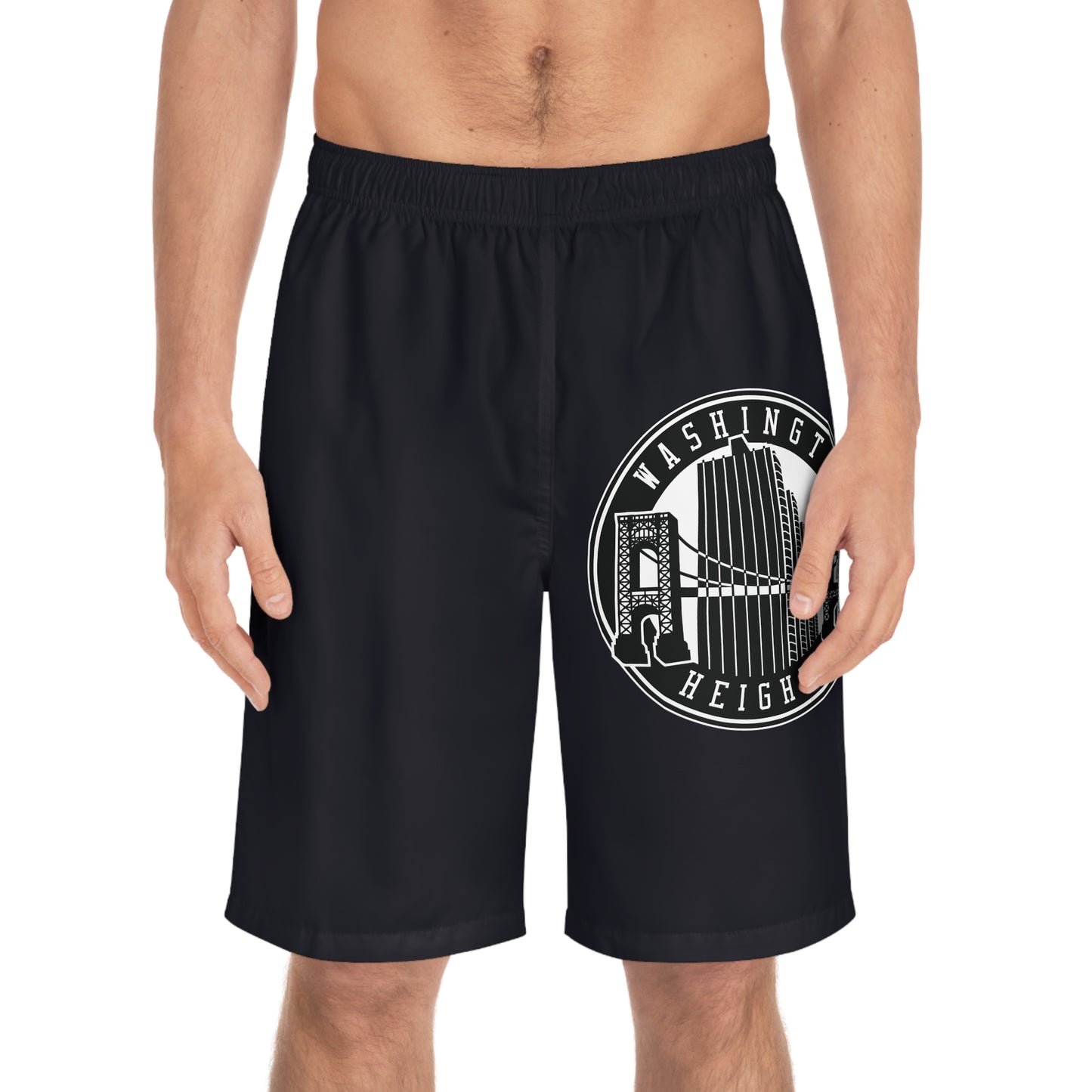Washington Heights Board Shorts — Retro Bridge Graphic Swim Trunks