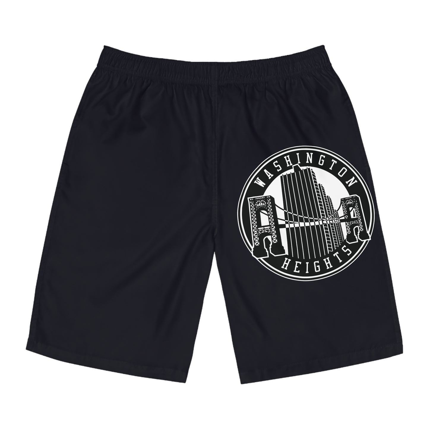 Washington Heights Board Shorts — Retro Bridge Graphic Swim Trunks